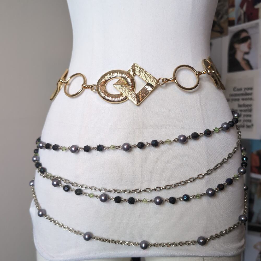 Gold Geometric Link and Beaded Layered Chain Belt Set